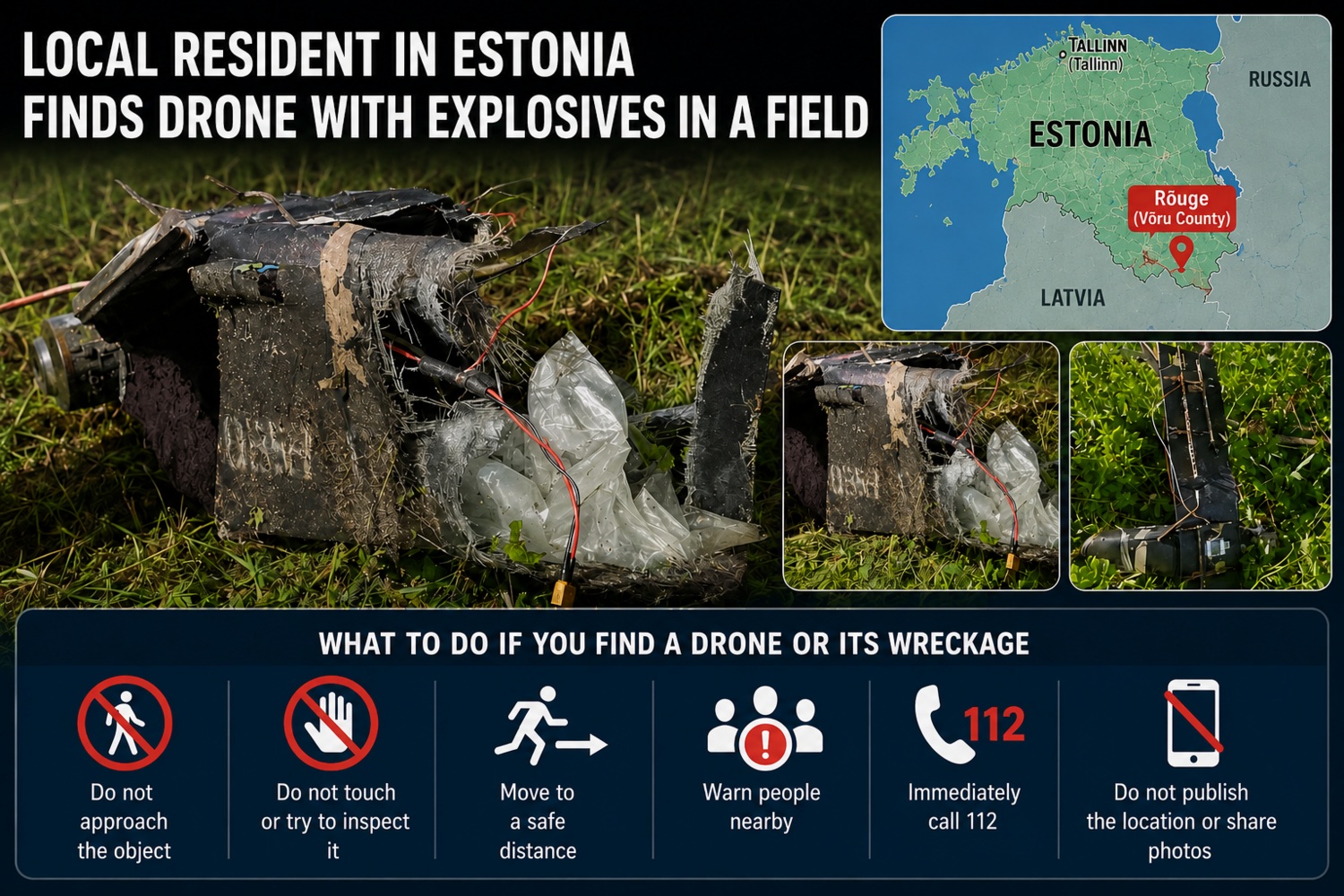 PHOTO: Drone Carrying Five Kilograms of Explosives Found in a Field in Estonia